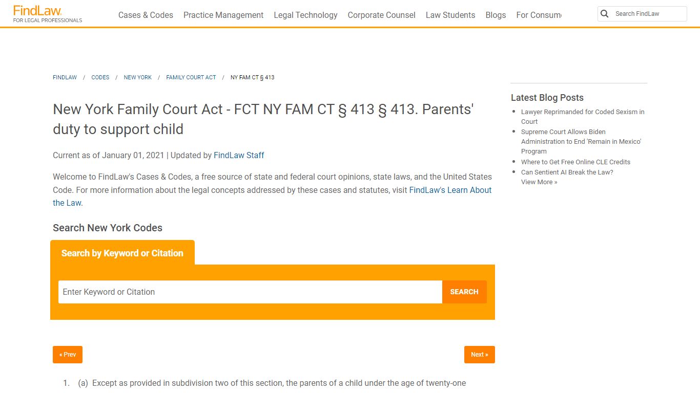 New York Consolidated Laws, Family Court Act - 413 | FindLaw